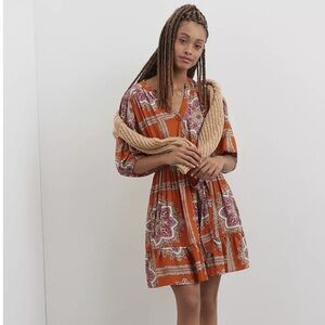 Anthro Porridge Isabel Paisley Puff Sleeve Mini Dress Rayon Orange XS